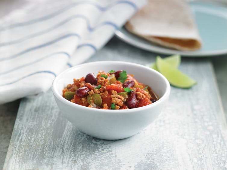 Tukey chili in a white bowl