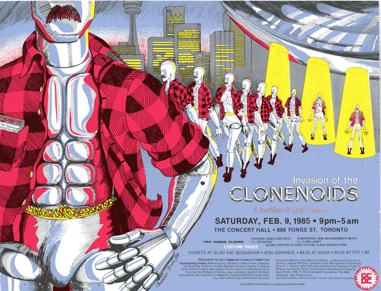 Poster showing robot-like male and female figures in apparent lumberjack style jackets receding into the distance.