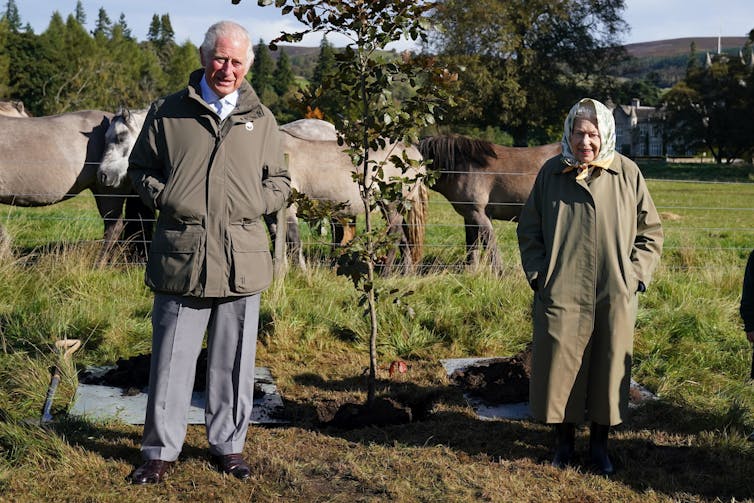Queen Elizabeth and Prince Charles pose for a photo by a tree they planted.
