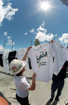 A 'yes' t-shirt from the 1999 referendum hangs on a line.