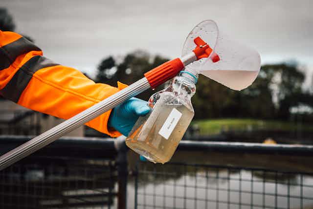A person collecting a wastewater sample in a bottle