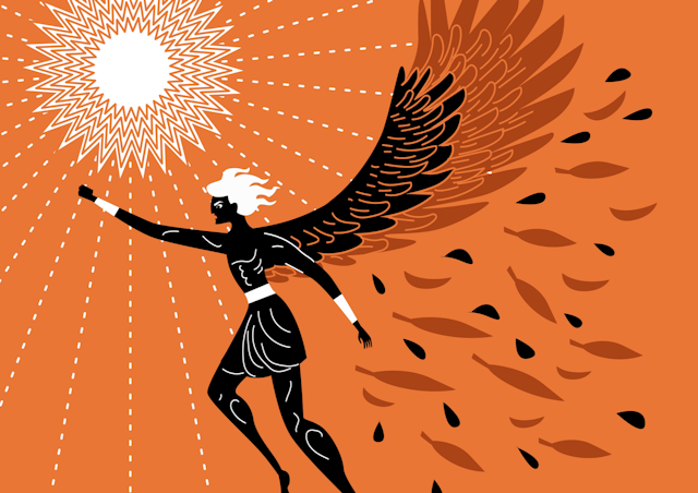 Illustration of orange and red icarus flying in the sky