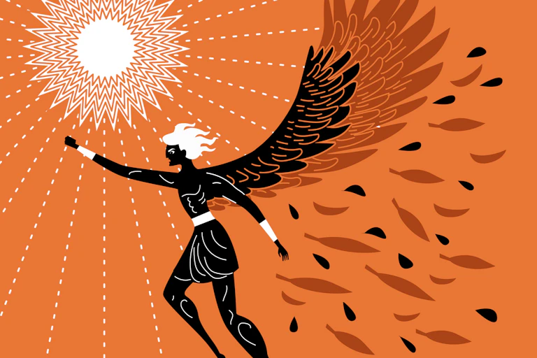 Illustration of orange and red icarus flying in the sky