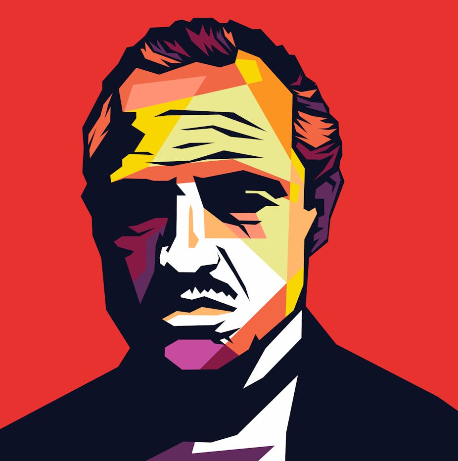 A cartoon style illustration of Marlon Brando as Vito Corleone in The Godfather