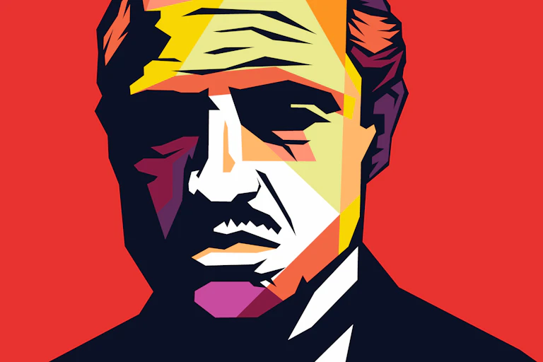 A cartoon style illustration of Marlon Brando as Vito Corleone in The Godfather