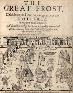 An early 17th-century pamphlet depicting jolly scenes on a frozen river.