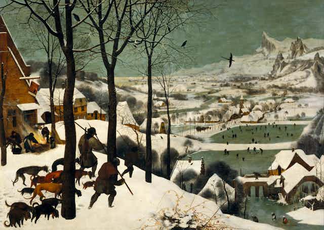 An oil painting depicting a snow-covered landscape.