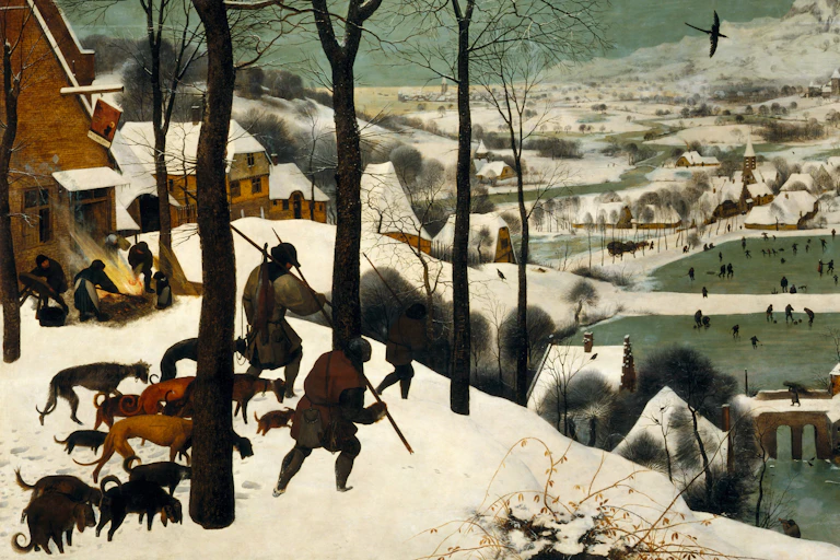 An oil painting depicting a snow-covered landscape.