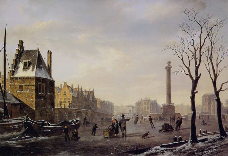 An early 19th-century painting depicting ice skating on a Dutch canal.