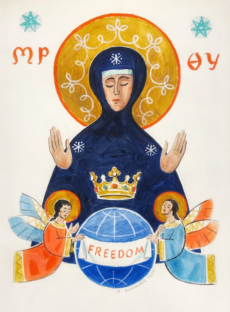 An icon shows the Virgin Mary standing over the world.