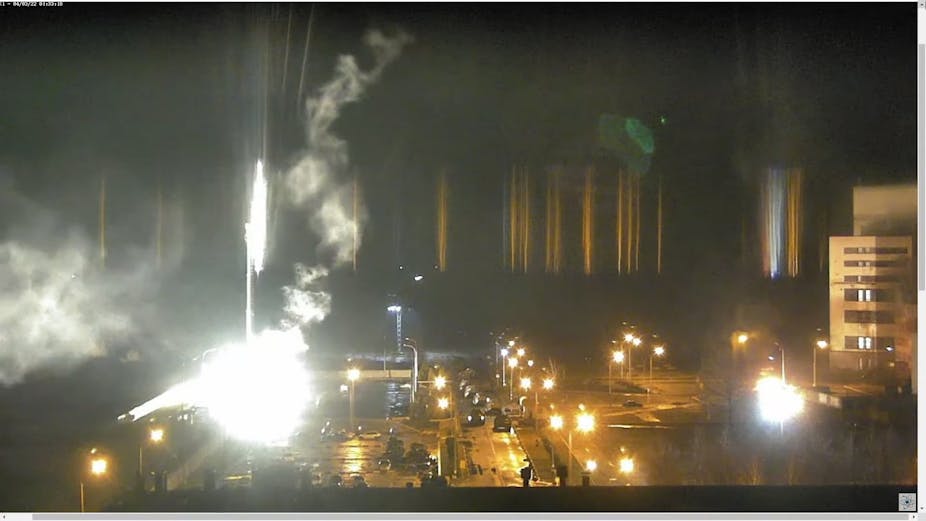 Flare landing on the nuclear power station, seen on a screen grab taken from a surveillance camera .