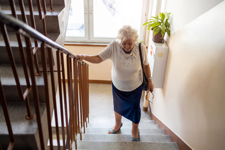 Una señora subiendo una escalera.