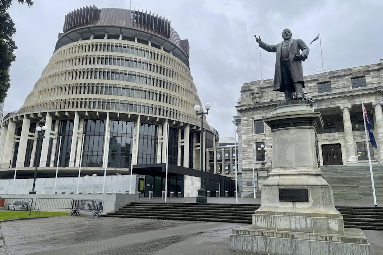 The Parliament buildings stand in the central business district of Wellington, New Zealand