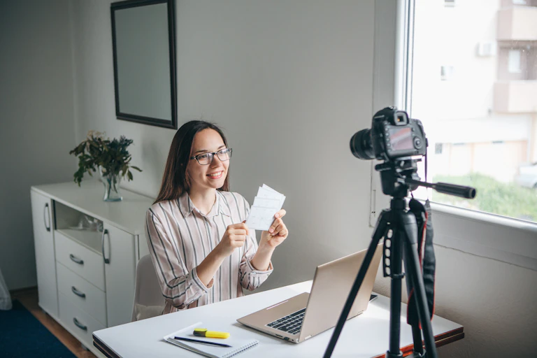 Woman teaching via video link