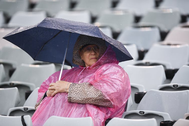 woman sits in rain with raincoat and umbrella