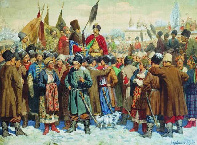 A historical painting featuring men in Cossack dress with banners and swords.