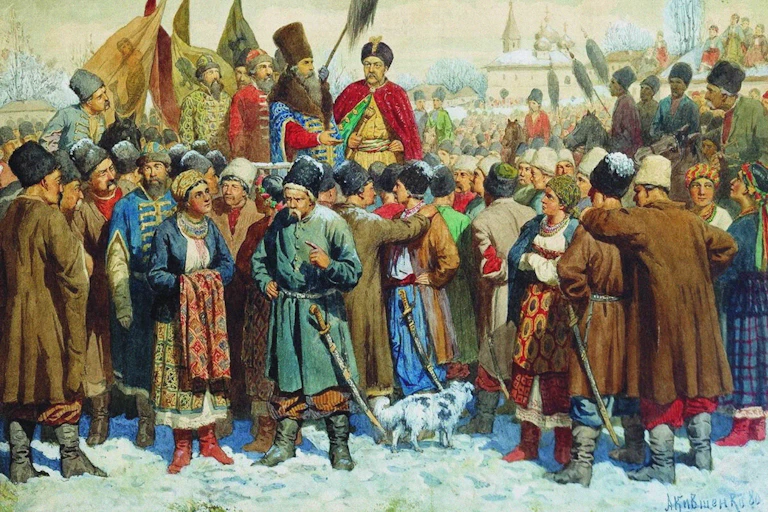 A historical painting featuring men in Cossack dress with banners and swords.