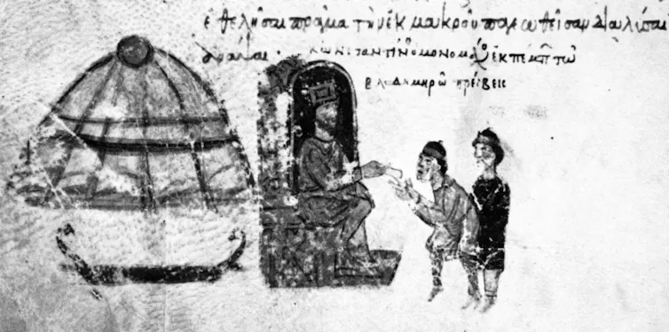 A monochrome photograph of a handprinted medieval illumination of a boat, a king and two men.