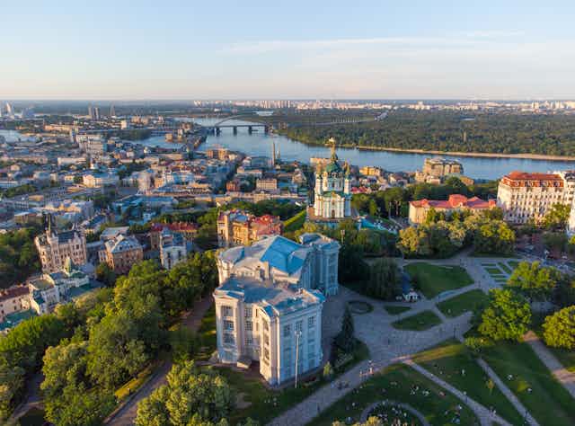Aerial shot of Kyiv featuring Natural history museum and St Sophia Cathedral.