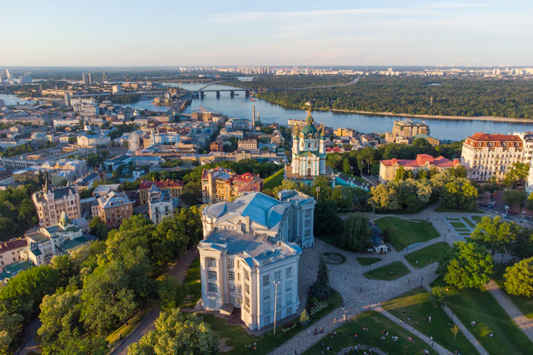 Aerial shot of Kyiv featuring Natural history museum and St Sophia Cathedral.