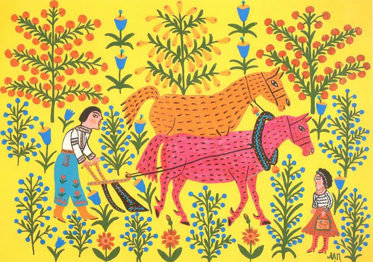 A painting os a man plowing fields.