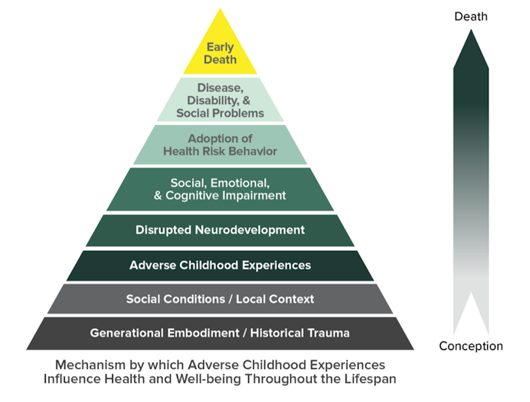 Infographic in the shape of a triangle showing the progression of ACE effects over the lifespan