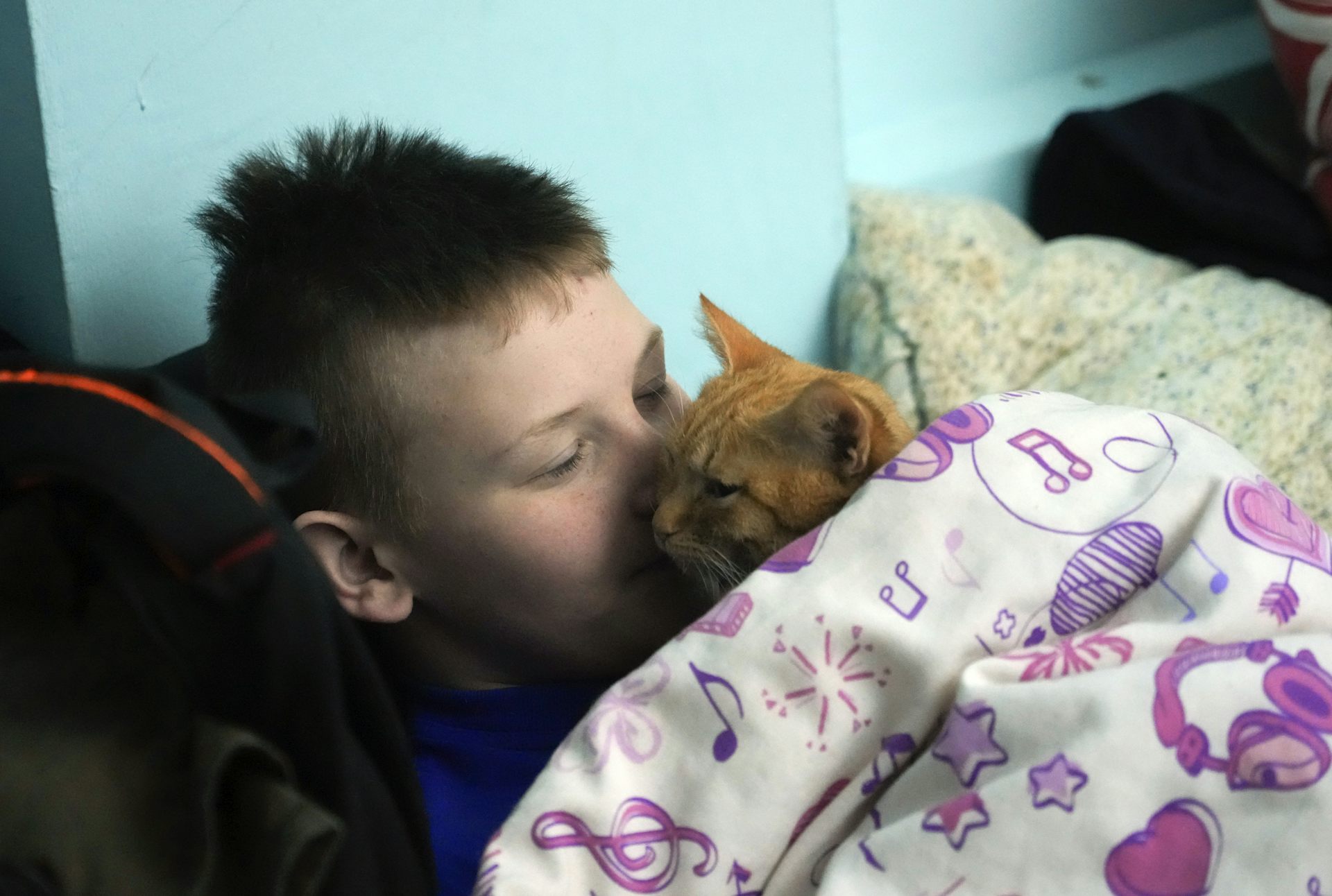 A boy snuggles with an orange cat underneath a blanket.