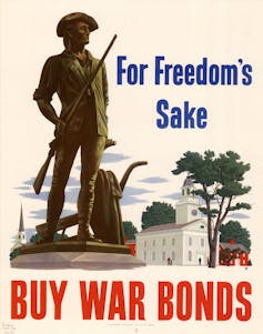 A statue of a Revolutionary War soldier stands holding a gun next to words for freedom's sake and buy war bonds next to some scenery of trees and a white building