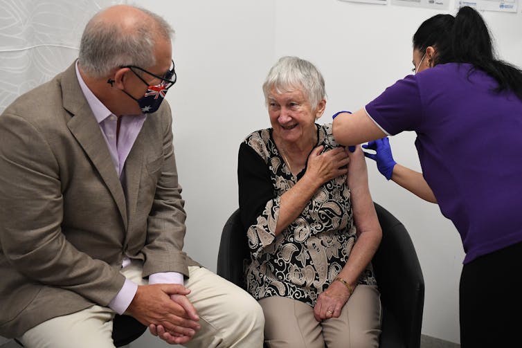 Prime Minister Scott Morrison getting vaccinated for COVID with an aged-care resident