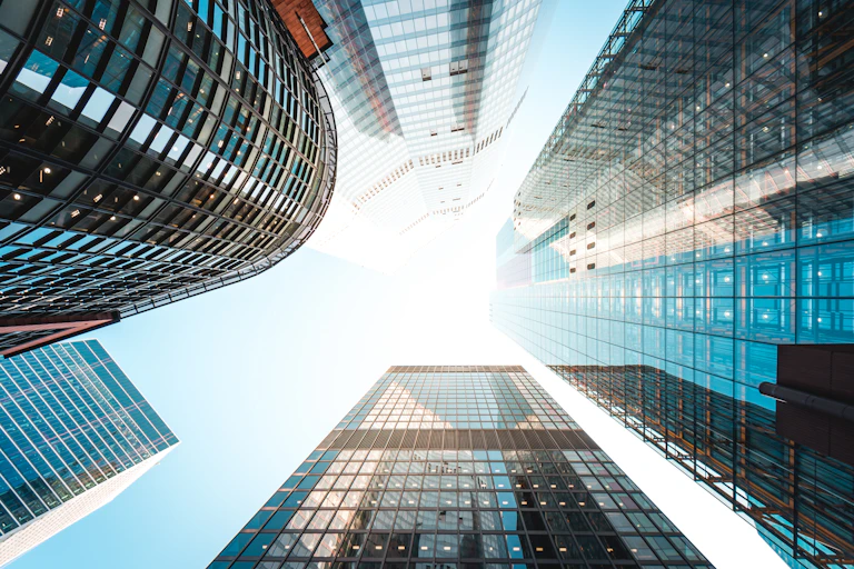 Upwards view of modern skyscrapers.