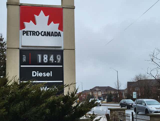 A gas station sign showing 184.9 cents per litre for self-serve gas