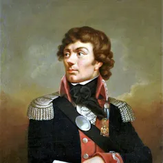 A painting of a man with wavy brown hair in a military uniform.