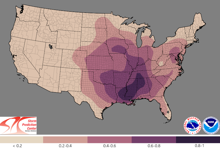 Map of U.S. showing tornado activity greatest from Louisiana through Alabama and north to Tennessee.