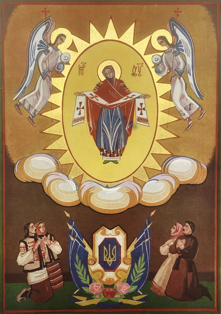 An icon shows the Virgin Mary holding a cloak, surrounded by two angels.