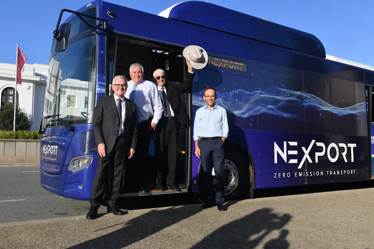 The member for Clark Andrew Wilkie, Senator Rex Patrick, member for Kennedy Bob Katter and Greens leader and member for Melbourne Adam Bandt make a case for energy security with an Australian-made electric bus on February 15 2022.