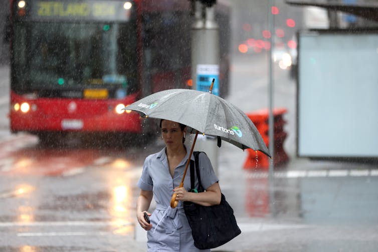 woman in rainy street with umbrella