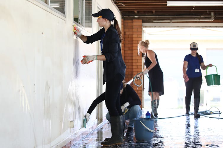 people scrub walls and floors