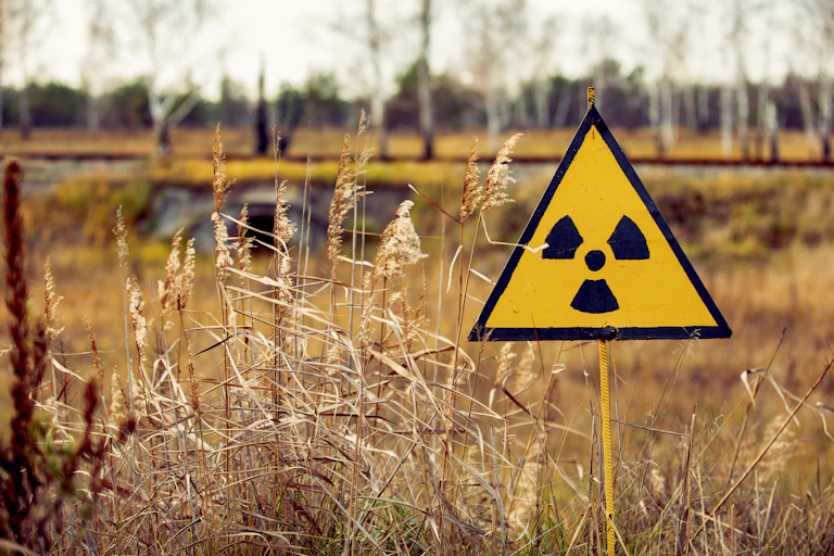 Vue sur un panneau d'alerte à la radioactivité noir sur fond jaune, avec la Forêt rouge en arrière plan