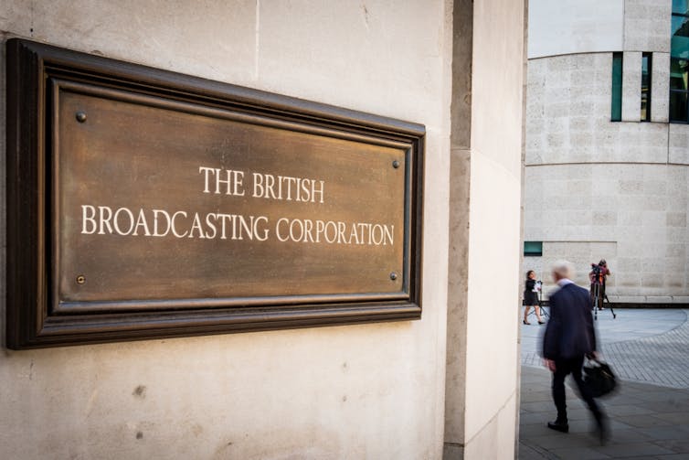 A sign with the BBC's name on it, outside their headquarters.