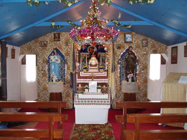 The interior of a homemade Ukrainian PoW chapel in Galloway. 