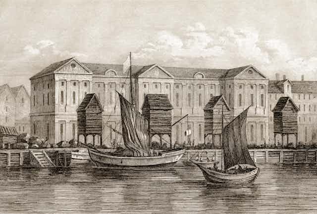 Contemporary painting of the Customs House at the 17th-century Port of London