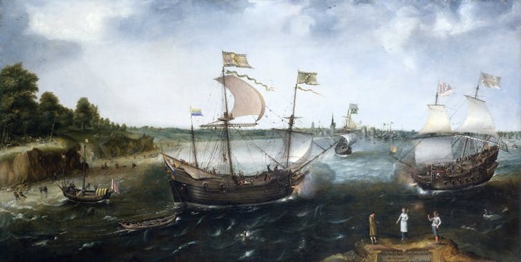 Contemporary painting of a Dutch merchantman being attacked by an English privateer in the 17th century.