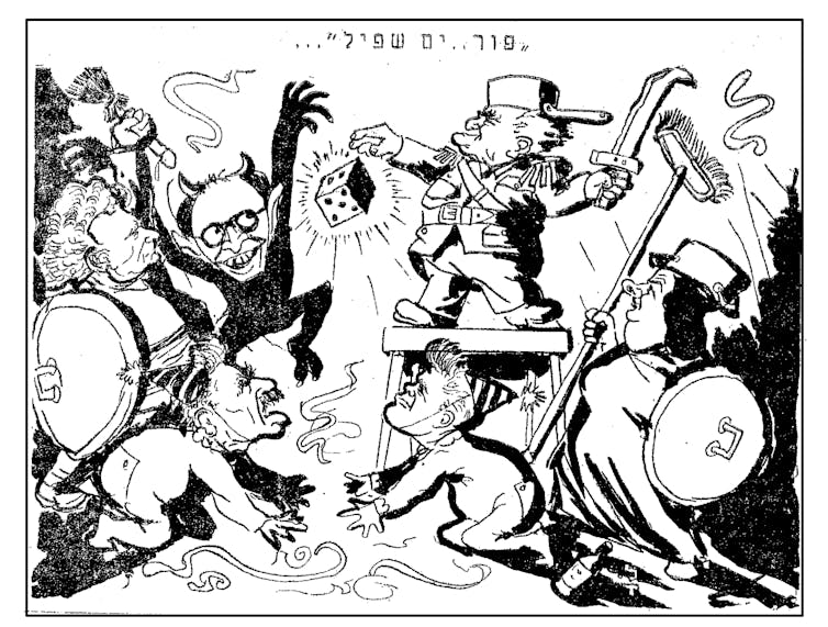 A black and white cartoon of a man in uniform standing on a stool, holding a sword in one hand while dropping a die from the other, with other caricatured characters stand next to him.