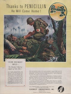 magazine ad with drawing of wounded soldier