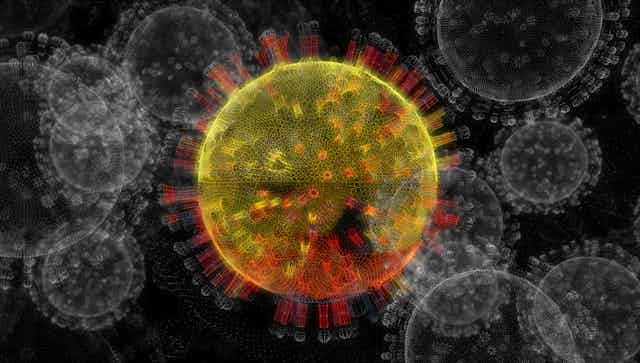 Vue d'artiste d'un virus type SARS-CoV-2 de couleur vive sur un fond plus sombre avec d'autres silhouettes de virus grise