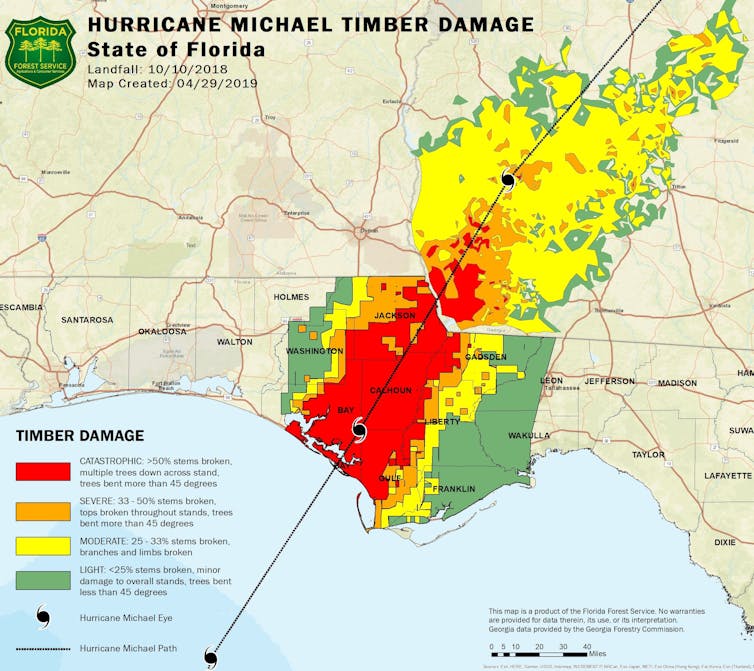 A map showing the hurricane route from the Gulf of Mexico toward Georgia and a wide swath of damage along that route in Florida.