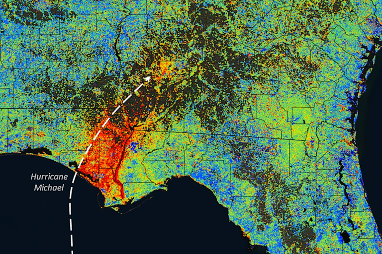 Satellite map showing red area from roughly Panama City toward Atlanta where the hurricane came through