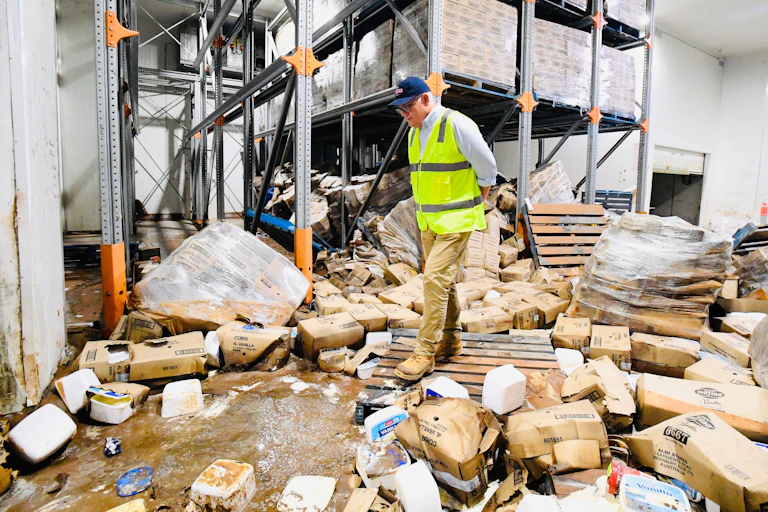 man walks through debris in flooded factory