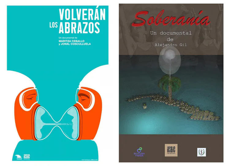 Two movie posters, the one on the right depicts a small island with dancers in the background, the one on the left depicts two masked people breathing the same air