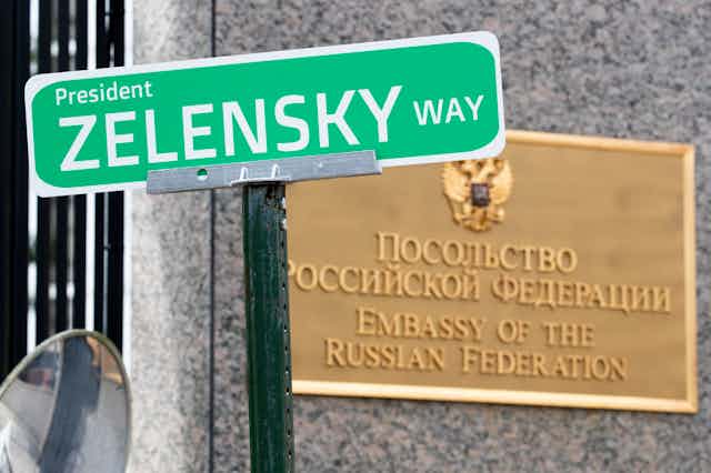 A sign reading President Zelensky Way outside the Russian embassy in Washington, USA.